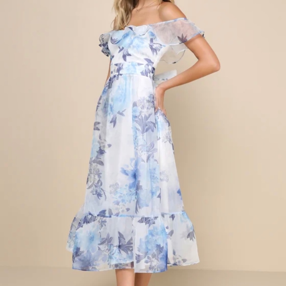 Lulus Sweet Composure White Floral Organza Off-the-shoulder Midi Dress Blue - Picture 3 of 5